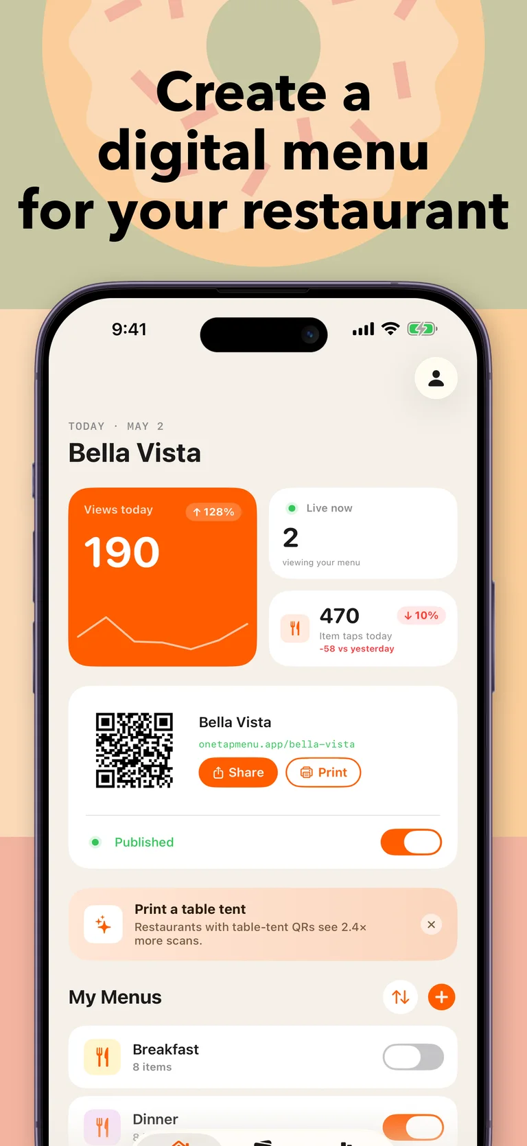 OneTapMenu restaurant dashboard